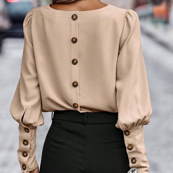 tan Elegant Women's Button Back detailed Blouse - Picture 1 of 5